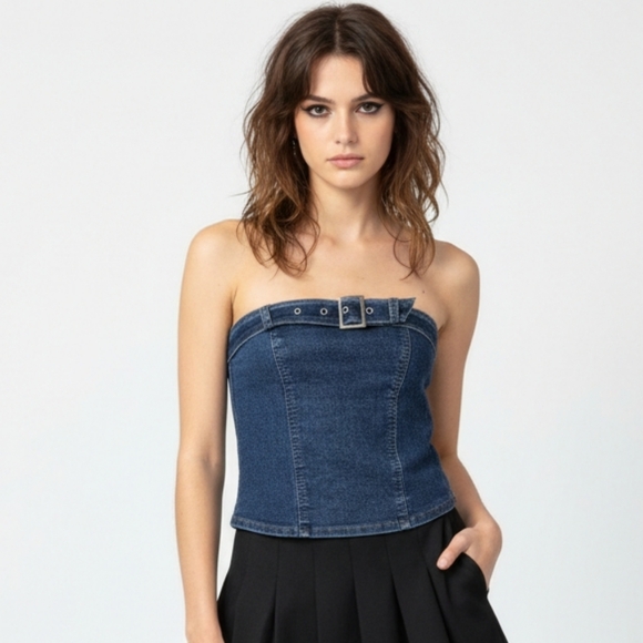 Jolie & Joy by FCT With Love Tops - Jolie & Joy Tank Crop Chambray Strapless Smocked Festival M